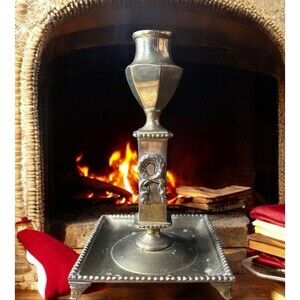 Brass Candlestick Square Base W/ Beaded Edges Decorative Wreath Vintage India